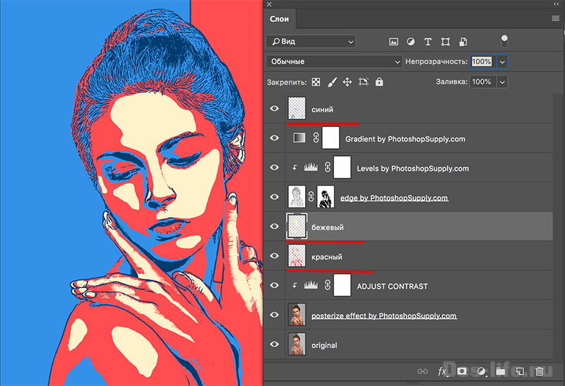 Двухцветный поп-арт портрет - бесплатный Action Photoshop