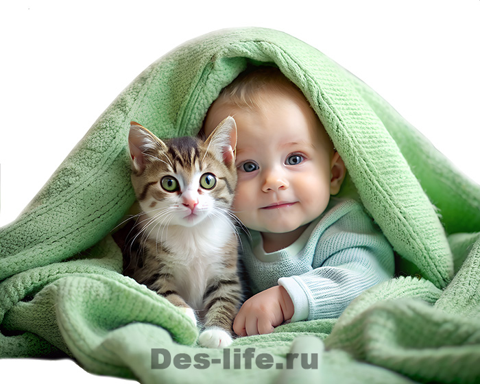 Малыш с котом под одеялом, реалистичный клипарт на прозрачном фоне
