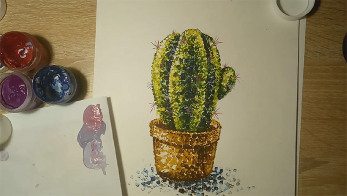 Рисование кактуса в технике пуанатлизм